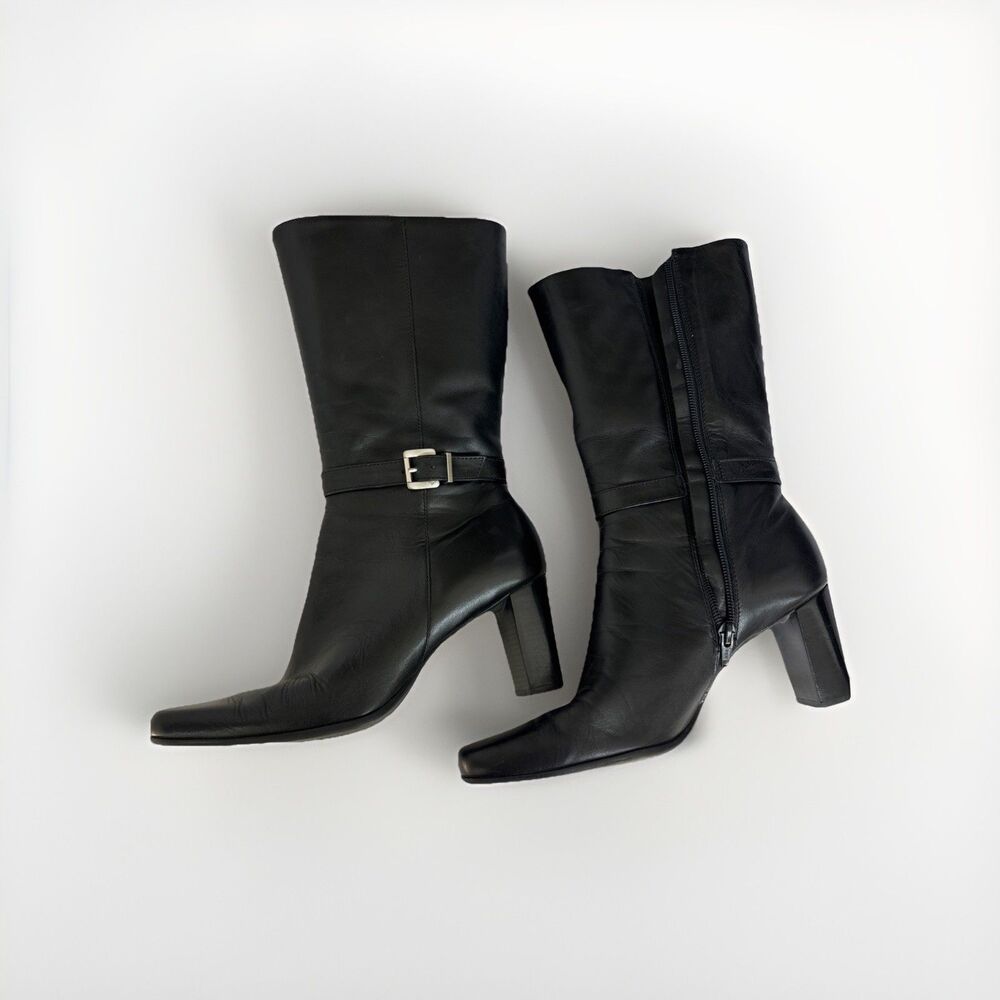 Michelle D Real Thing Black Leather Boots 8M Block Heel